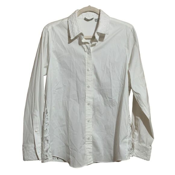 CARLISLE New York Size 12 White Mixed Media Button Up Shirt Lace Back Collar Top - Picture 1 of 8